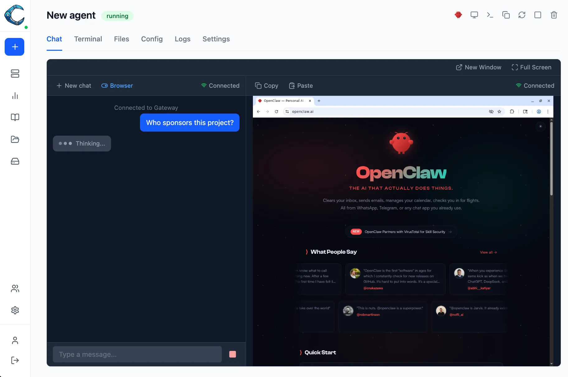 Webchat panel running side by side with the embedded browser